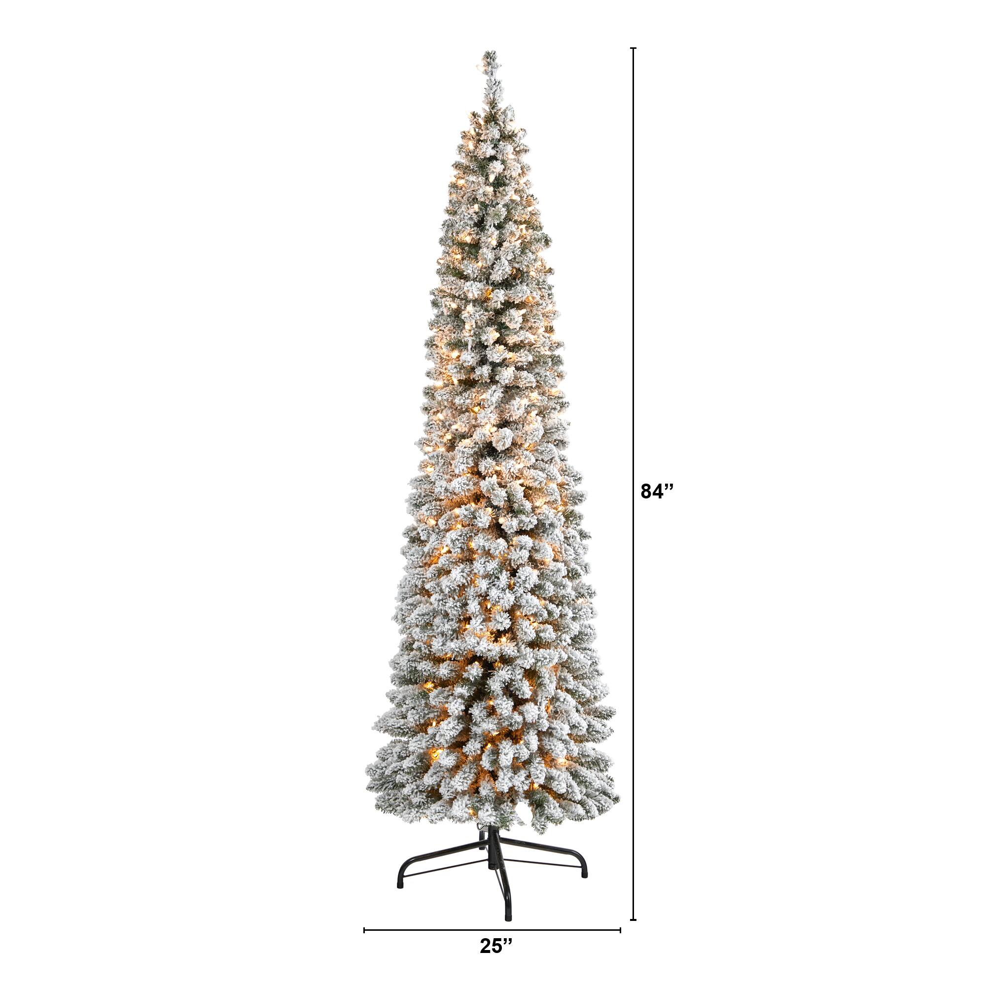 7ft. Pre-Lit Flocked Pencil Artificial Christmas Tree with Clear LED Lights